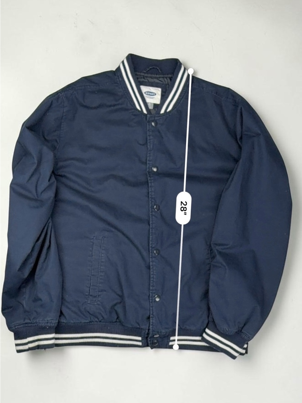 Old Navy Men’s XL Navy Cotton Varsity Bomber Jacket Striped Rib Trim Snap Front - Picture 12 of 17